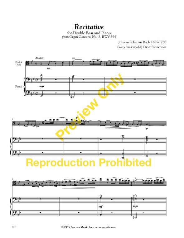 Recitative from Organ Concerto No. 3, BWV 594 by J.S. Bach Transcribed for Double Bass and Piano by Oscar Zimmerman Piano Page 1