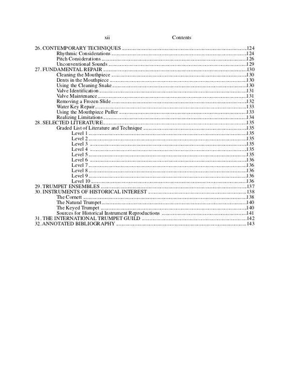 The Trumpeter's Handbook, A Comprehensive Guide to Playing and Teaching the Trumpet. by Roger Sherman. Contents page 4