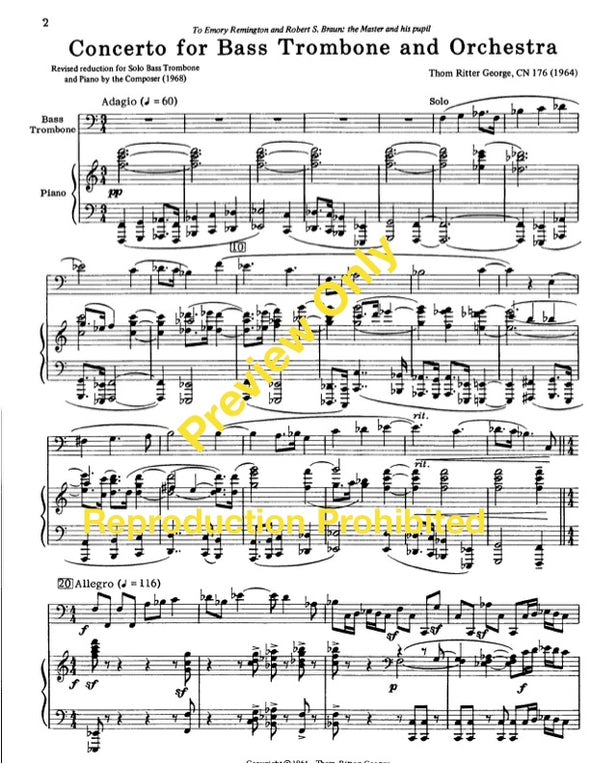 Piano Part Page 1 Cover for Concerto for Bass Trombone and Orchestra Thom Ritter George  To Emory Remington and Robert S. Braun: A standard repertoire piece for bass trombone.