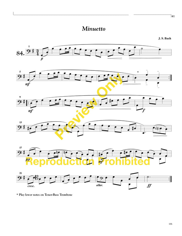 Trombone Teaching Techniques by Donald Knaub Collegiate minor instrument methods class. Page 41 J.S. Bach Minuetto